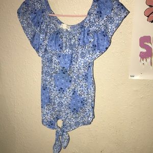 Blue cute off the shoulder shirt